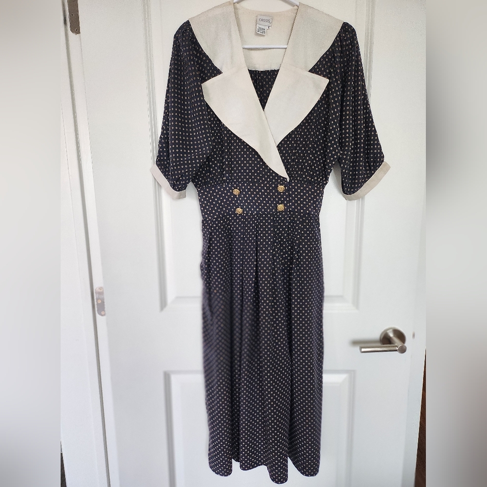 Vintage 100% Silk Polkadot Midi Dress